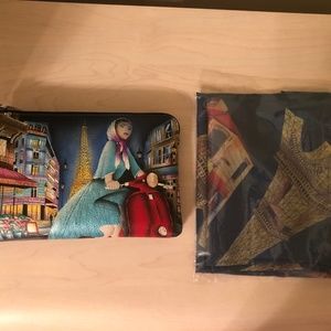 Sale! New Anuschka Leather Woman In Paris Crossbody Handbag & Matching Scarf Set